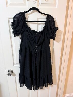 Adorable Witchy Black Sheer Swiss Dot Mini Dress with Lace-Up Front
